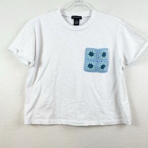 Design 365 Shirt Womens Medium White Granny Square Crochet Pocket Cottage Boxy M